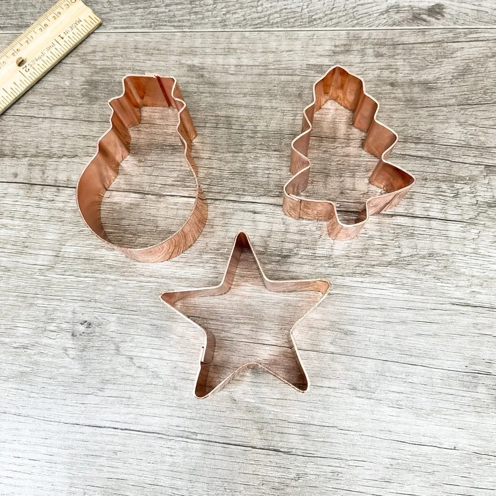 Vintage Style Copper Metal Cookie Cutters Set of 3 Star Snowman Christmas Tree